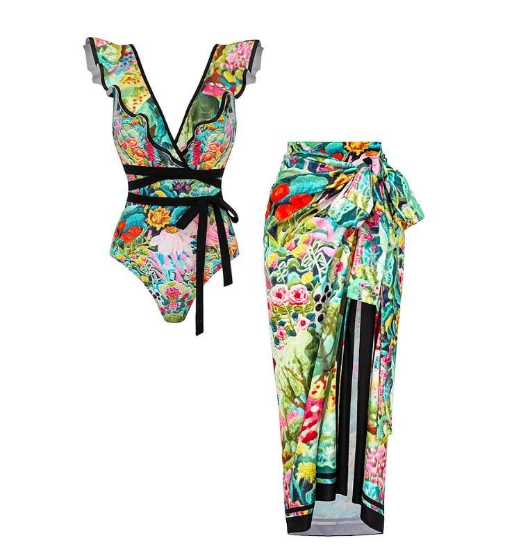 V Neck Bow-tie Oil Painting Print One Piece Swimsuit and Sarong