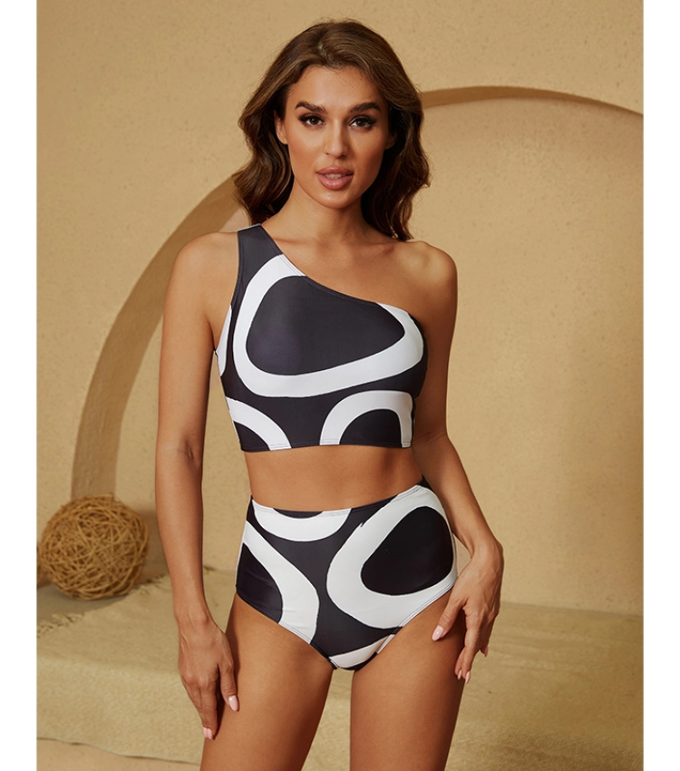 Halter V Neck Geometric Print One Piece Swimsuit and Sarong Flaxmaker