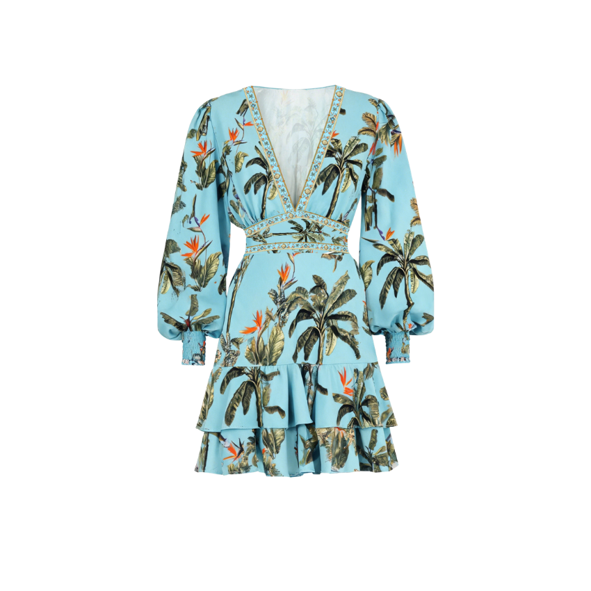 Light Blue Tropical Palm Puff Sleeve Tiered Mini Dress