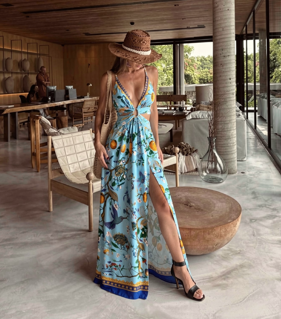 Citrus Bird Print Cutout Split Maxi Dress