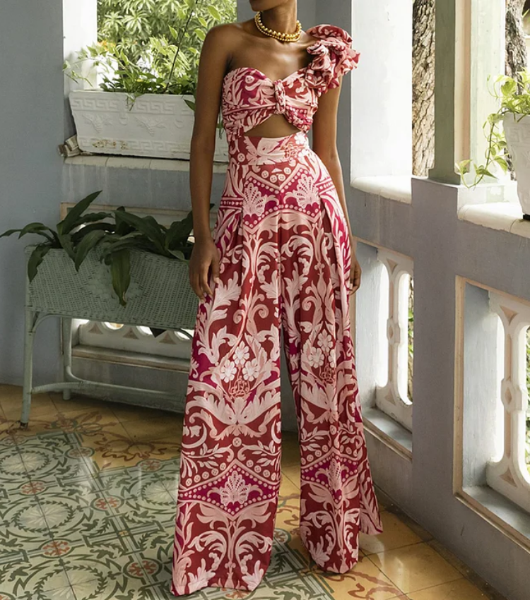 One Shoulder Ruffle Printed One Piece Swimsuit and Pant