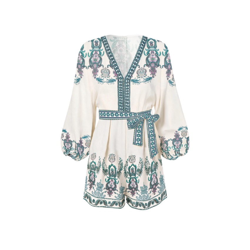 Cream Vintage Paisley Puff Sleeve V-Neck Romper