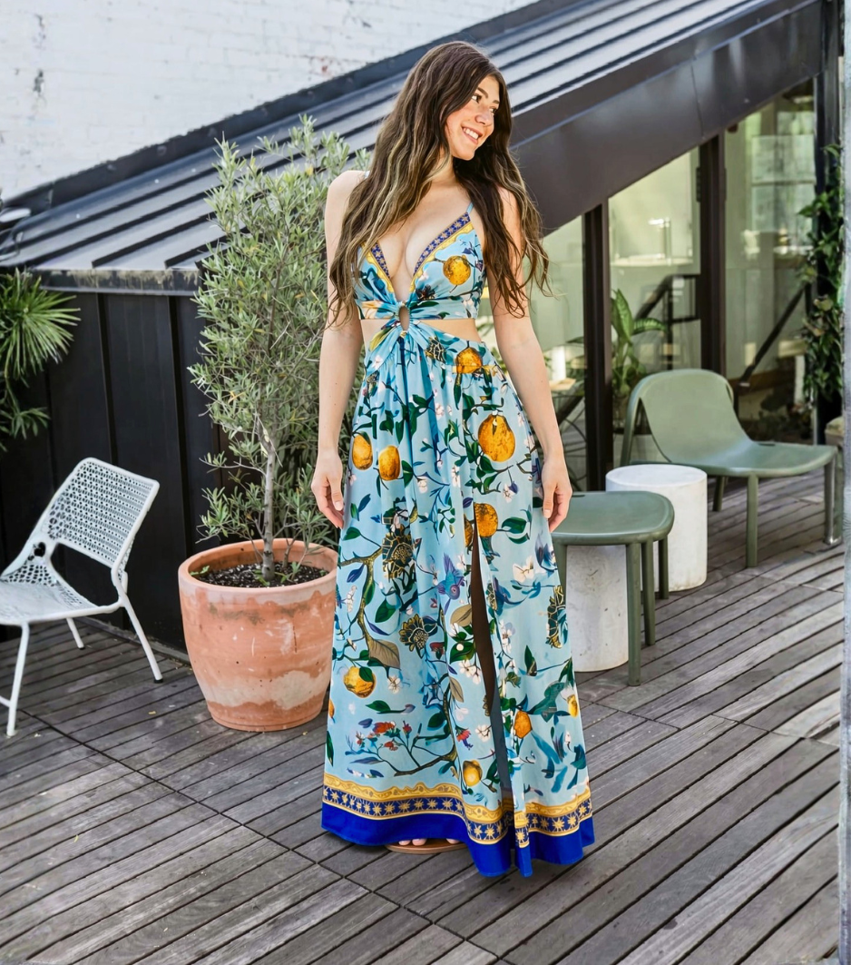 Citrus Bird Print Cutout Split Maxi Dress
