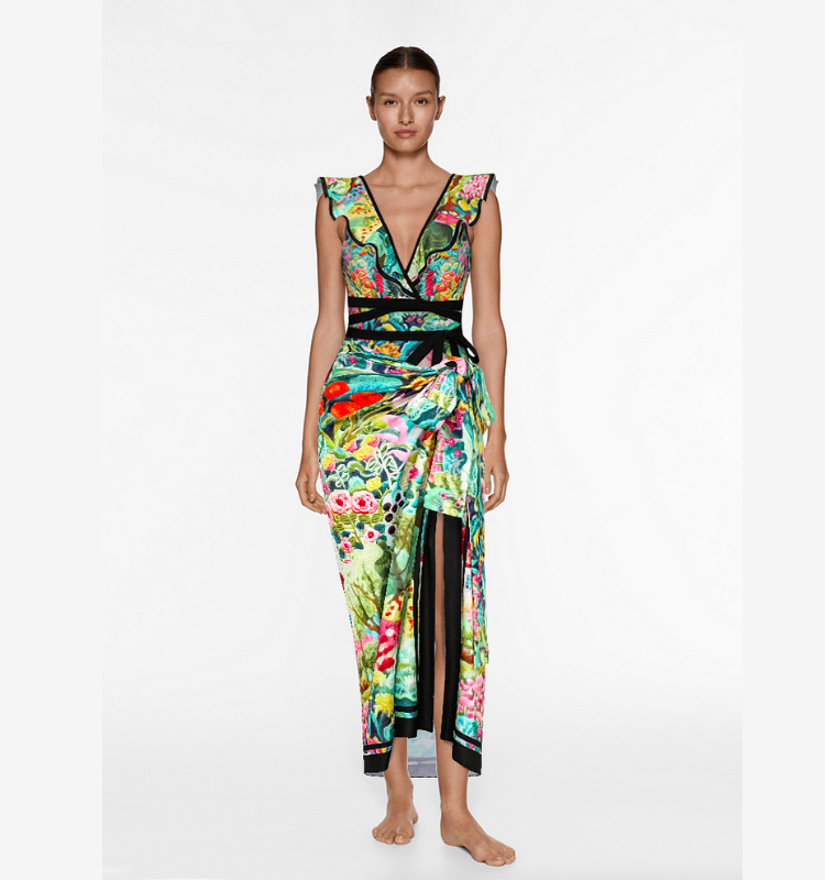 V Neck Bow-tie Oil Painting Print One Piece Swimsuit and Sarong