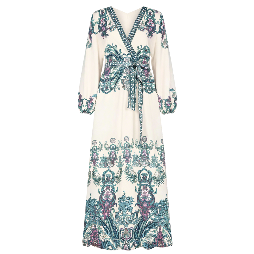 Cream Vintage Paisley Bow Front V-Neck Maxi Dress