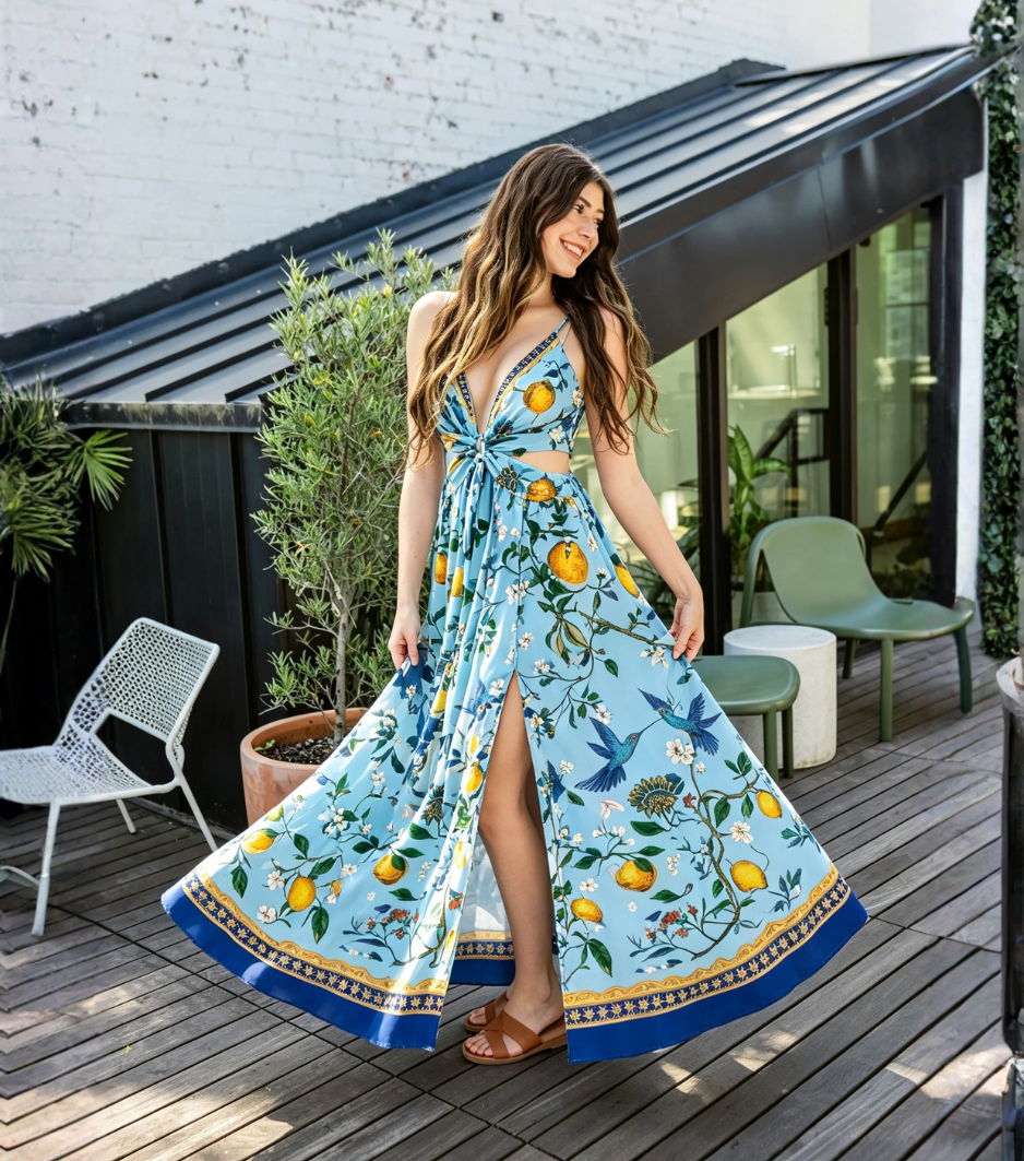 Citrus Bird Print Cutout Split Maxi Dress