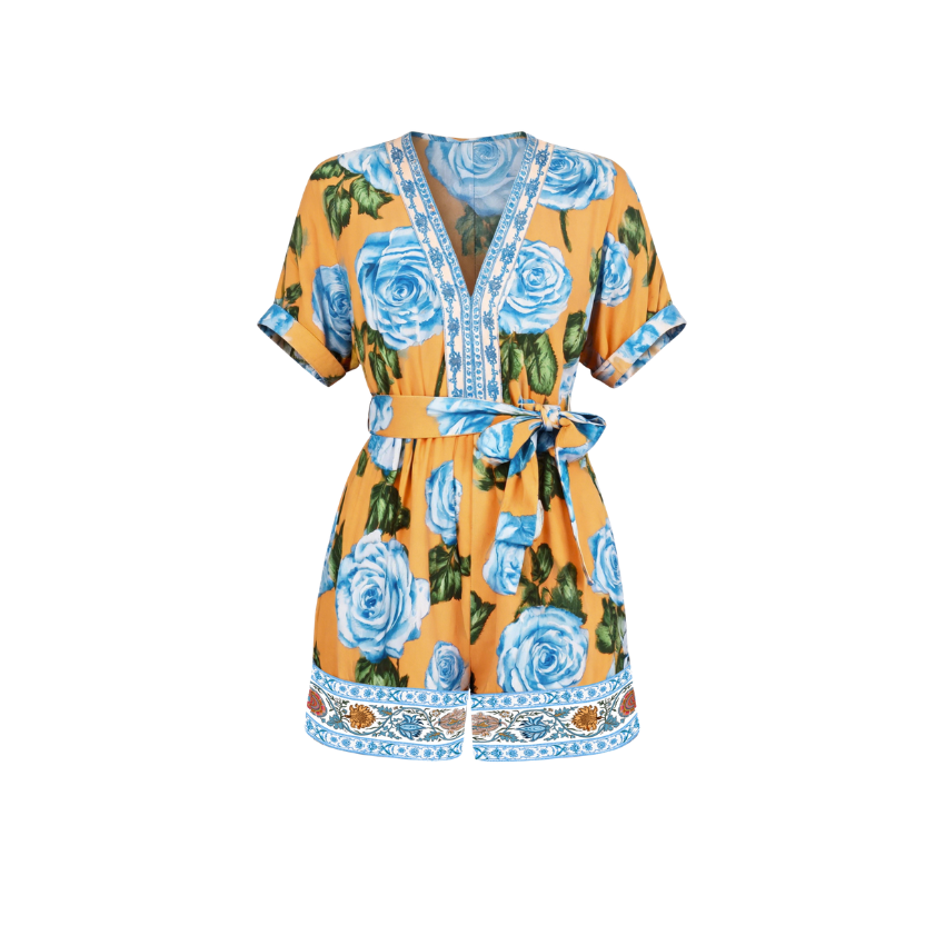 Orange Base Blue Rose Short Sleeve Tie Waist Romper
