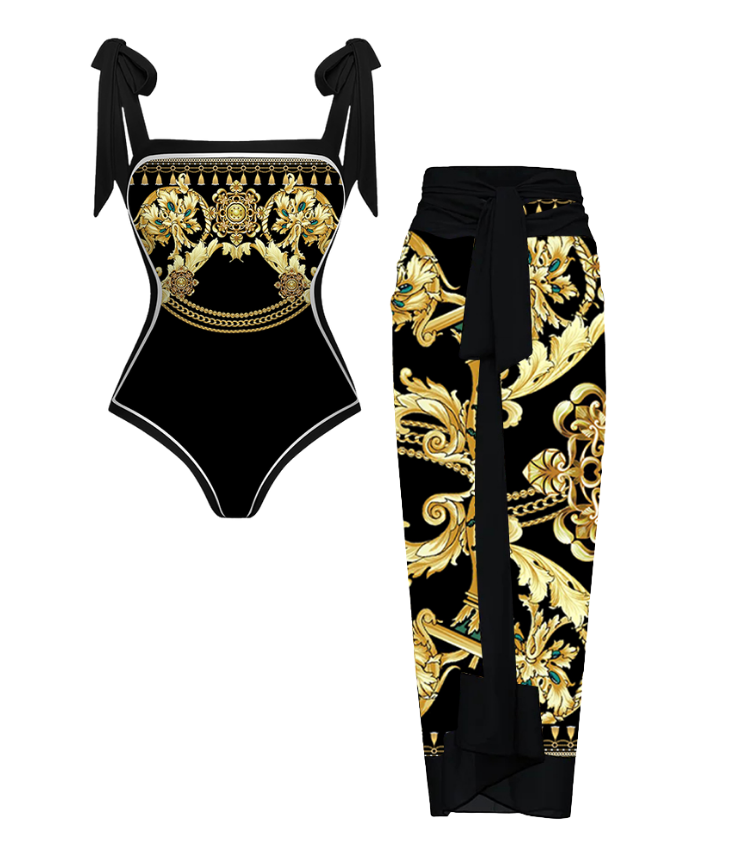 Reversible Tie-shoulder One Piece Swimsuit and Sarong Flaxmaker