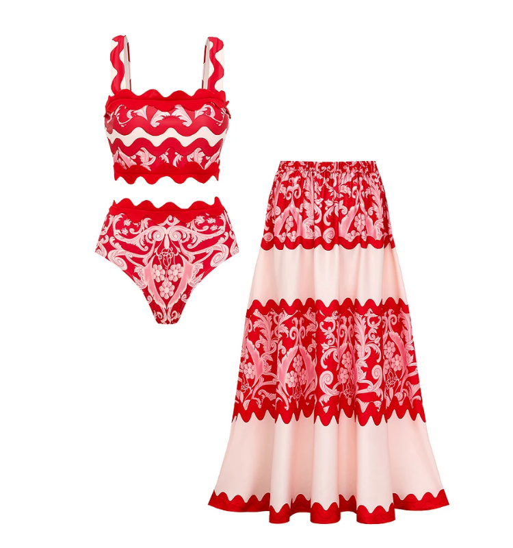 Red Wavy Stripes Printed Bikini Swimsuit and Skirt