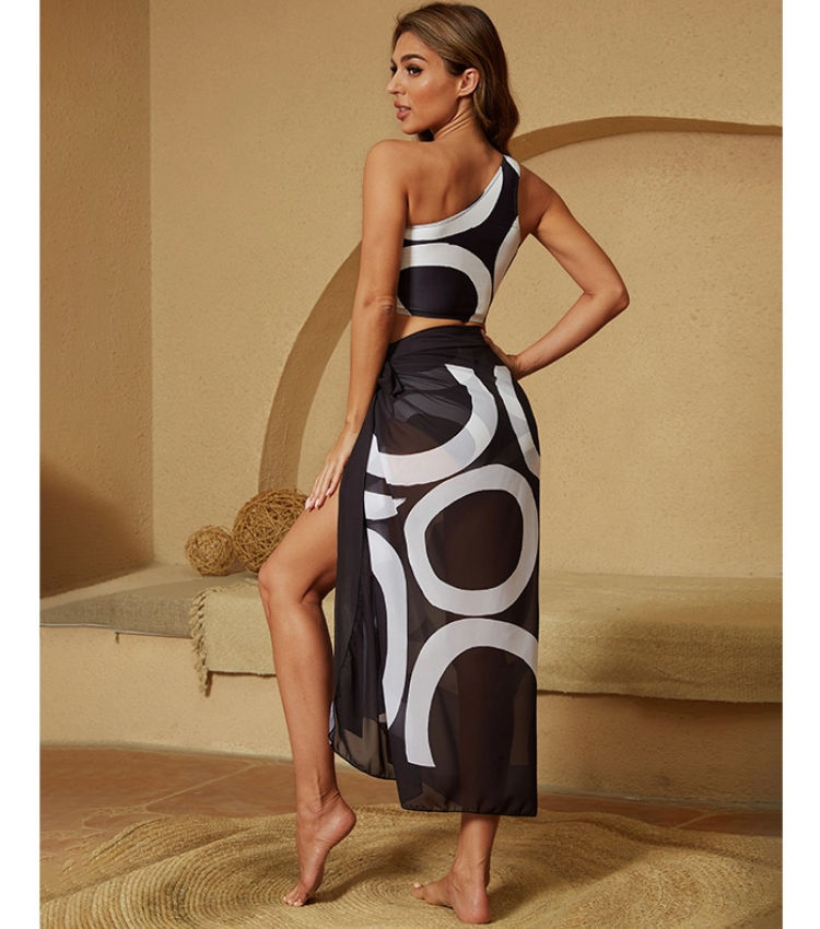 Halter V Neck Geometric Print One Piece Swimsuit and Sarong Flaxmaker