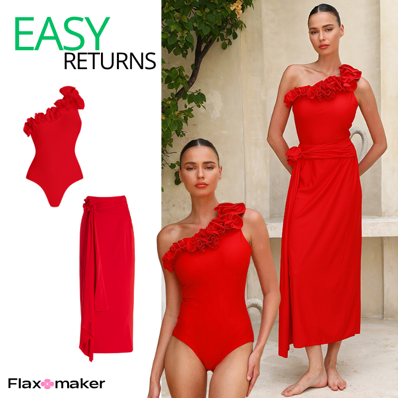 One Shoulder 3D Flower Red Solid Color One Piece Swimsuit and Skirt