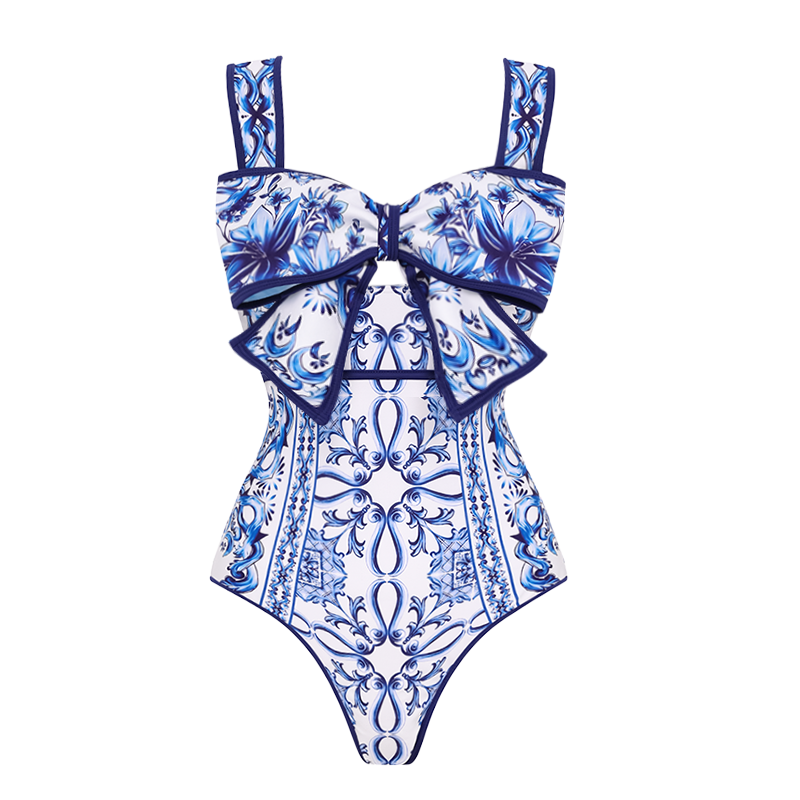 Bow Decor Majolica Print One Piece Swimsuit and Skirt or Pants