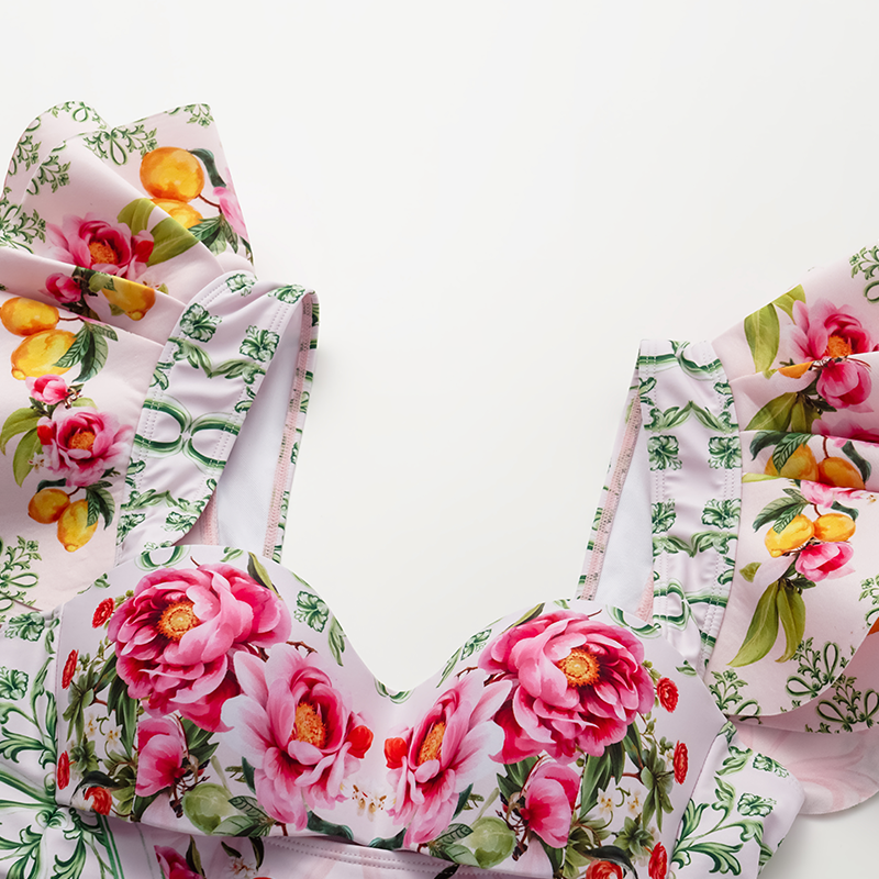 Ruffle Cut Out Lemon Floral Pattern Print One Piece Swimsuit and Skirt