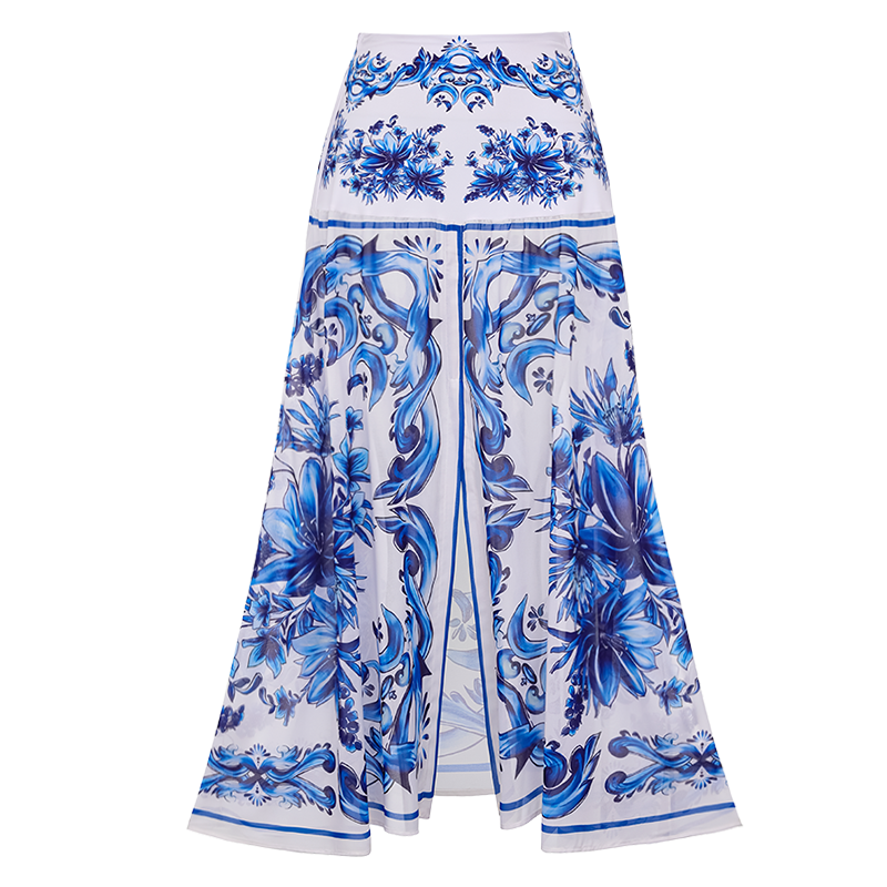 Ruffle V Neck Blue Majolica Print High Waist Bikini Swimsuit and Skirt or Pants