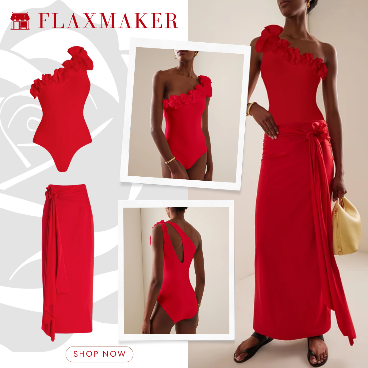 One Shoulder 3D Flower Red Solid Color One Piece Swimsuit and Skirt