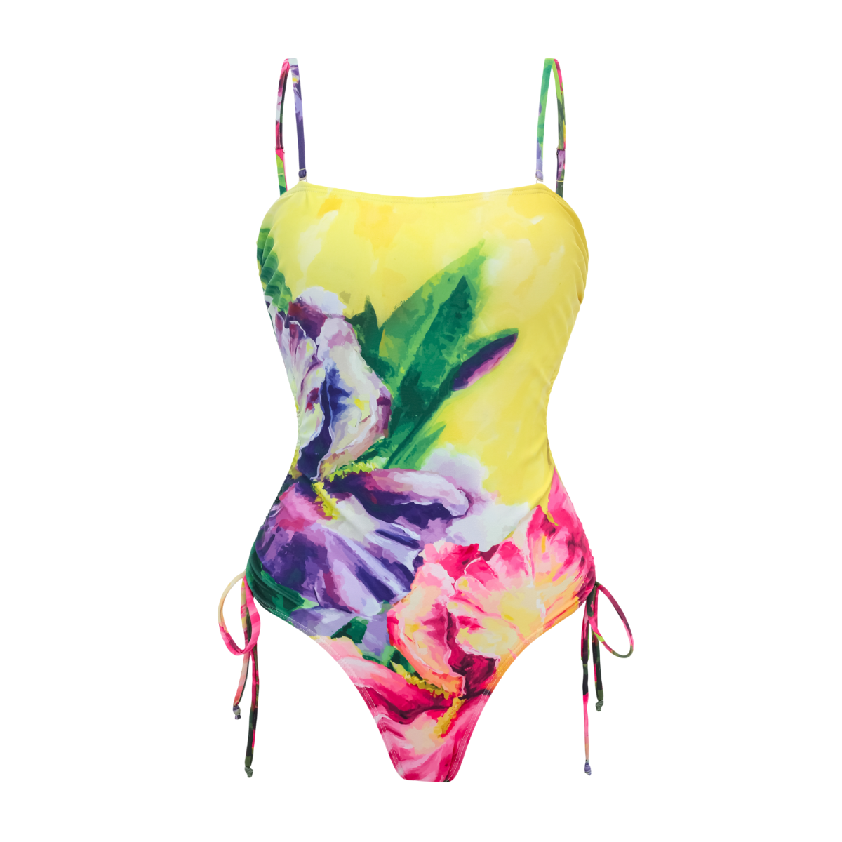 Yellow Oil Painting Flower Print Swimsuit and Sarong