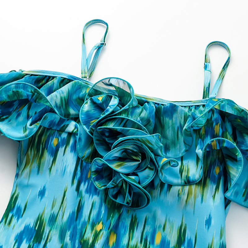 Removable Shoulder Strap Off Shoulder Ruffle Abstract Pattern Print One piece Swimsuit and Skirt