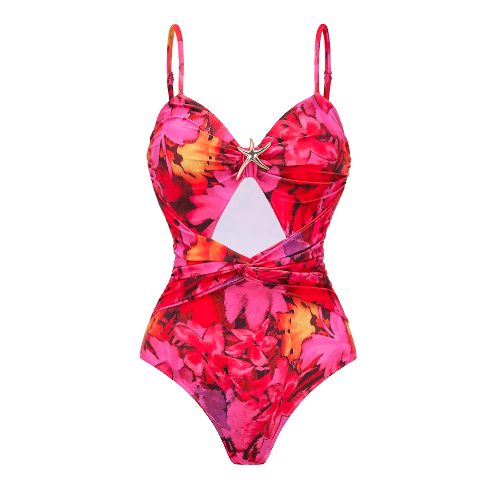 Red Flowers Printed Hollow One Piece Swimsuit and Skirt