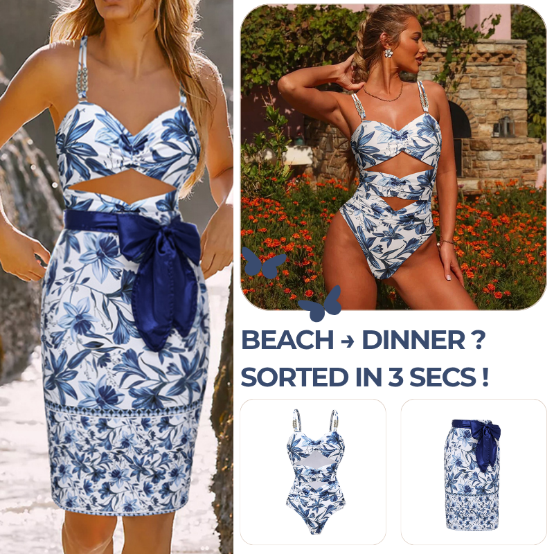 Sling Cut Out Printed One Piece Swimsuit and Skirt