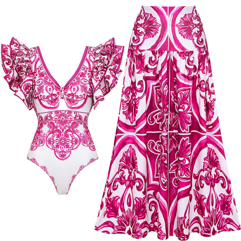 Classic Majolica Series Pattern Print One Piece Swimsuit and Skirt or Shorts