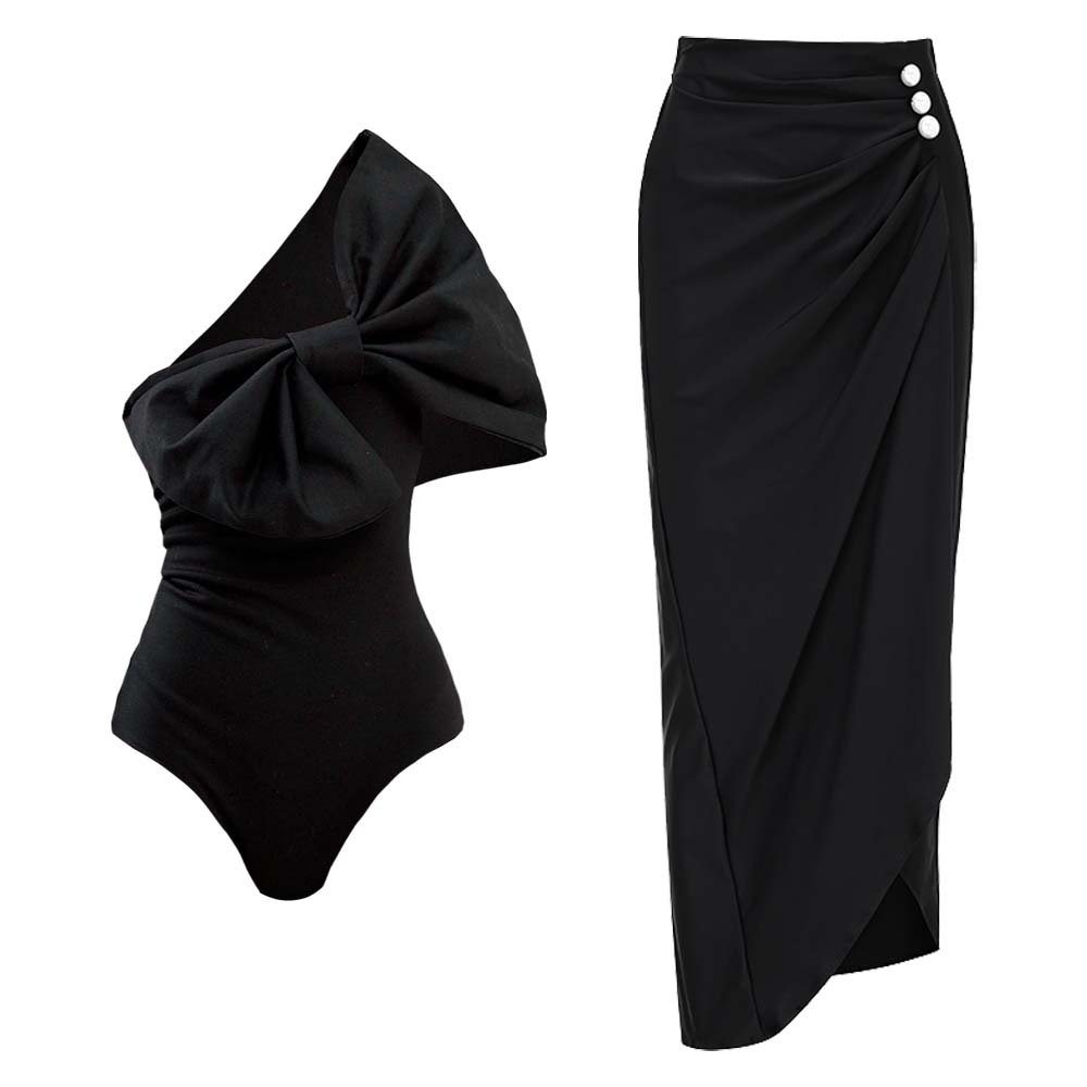 3D Bow Decoration One Shoulder One Piece Swimsuit and Split Skirt
