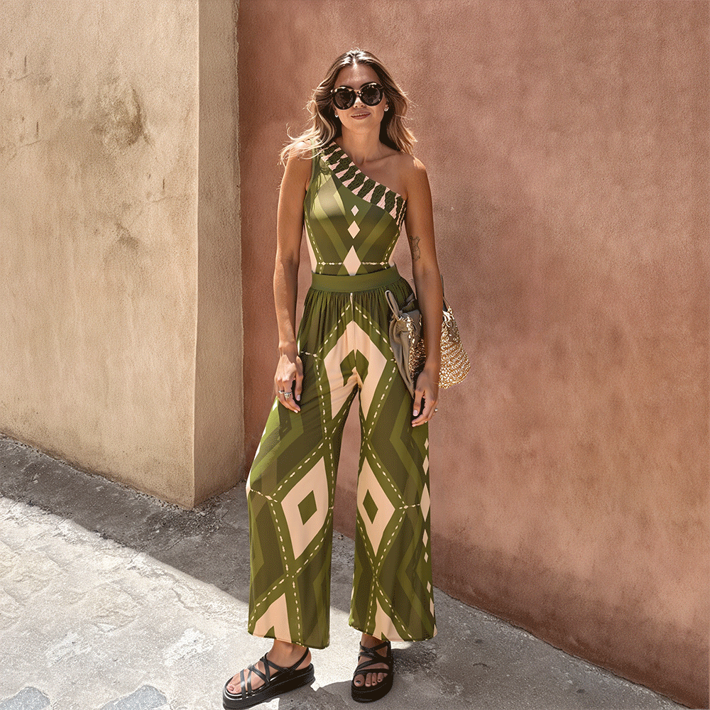 Plus Size One Shoulder Geometric Pattern Print One Piece Swimsuit and Pants