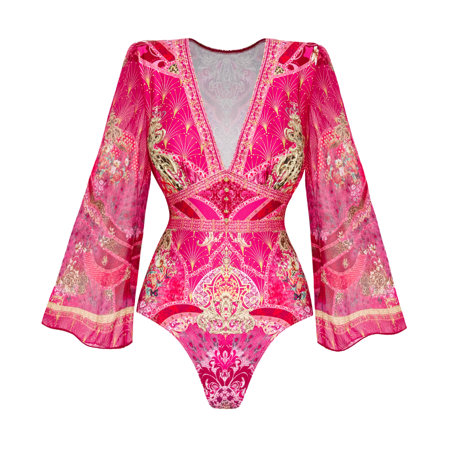 Long-sleeved Rose Red Blooming Flower Print One Piece Swimsuit and Skirt