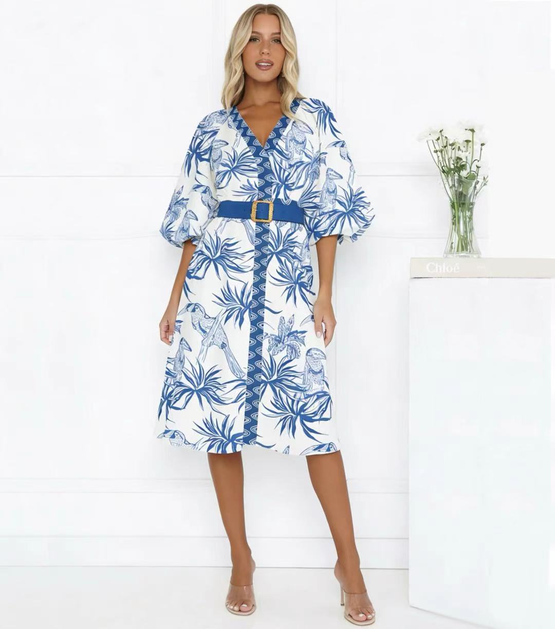 Tropical Print Puff Sleeve Dress