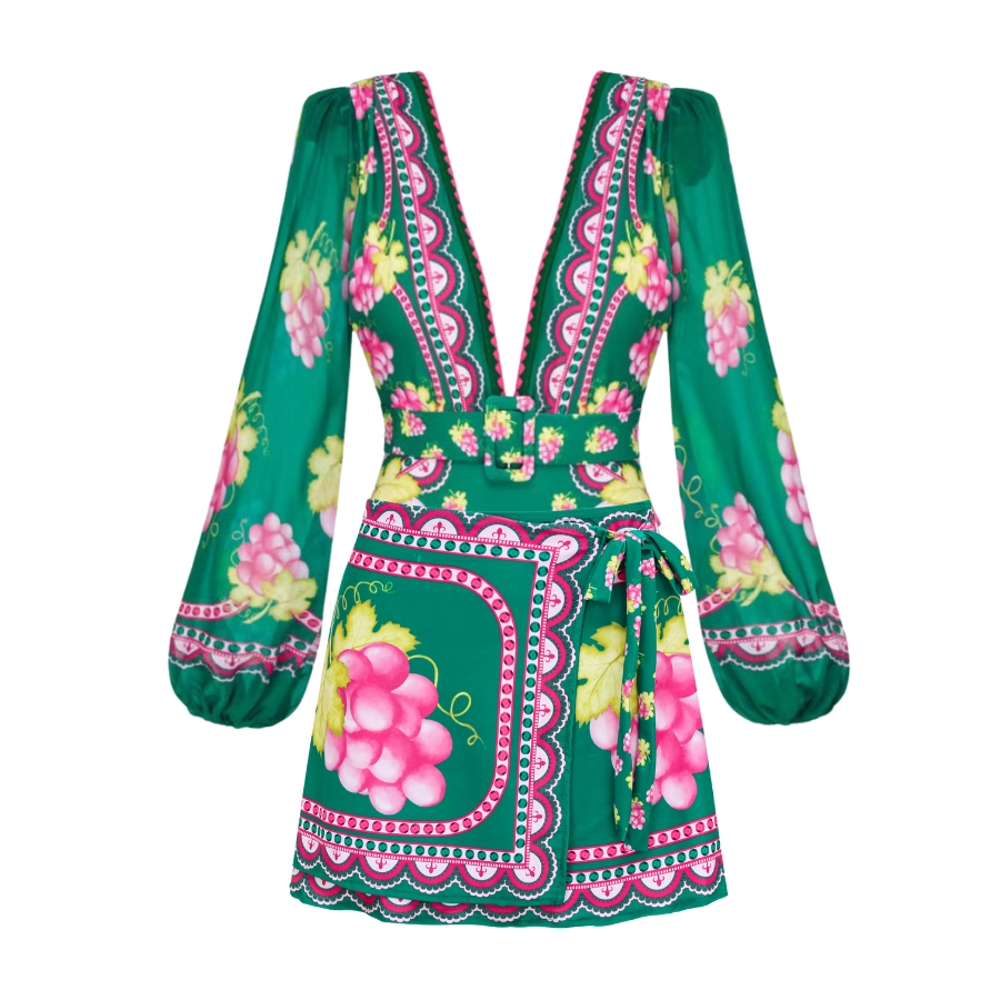 Long-sleeved Retro Green Grapes Print One Piece Swimsuit and Skirt