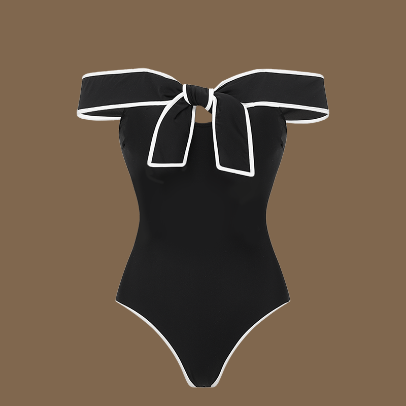 Plus Size Black and White Open Shoulder Bowknot One Piece Swimsuit and Skirt