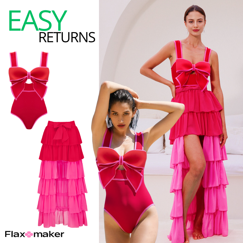 Bow Front Cut Out Color Block One Piece Swimsuit and Skirt Flaxmaker