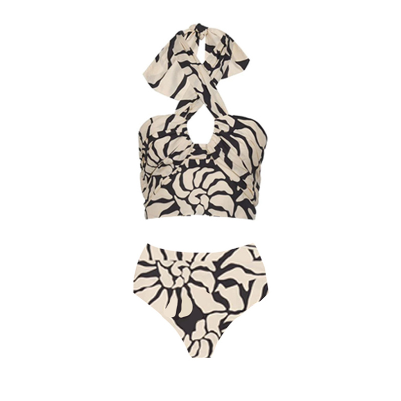 Detachable Puff Sleeves Printed High Waist Bikini Swimsuit and Skirt Flaxmaker