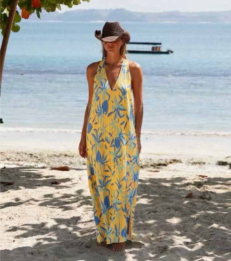 Pleated Loose-Fit Halter Neck Beach Dress