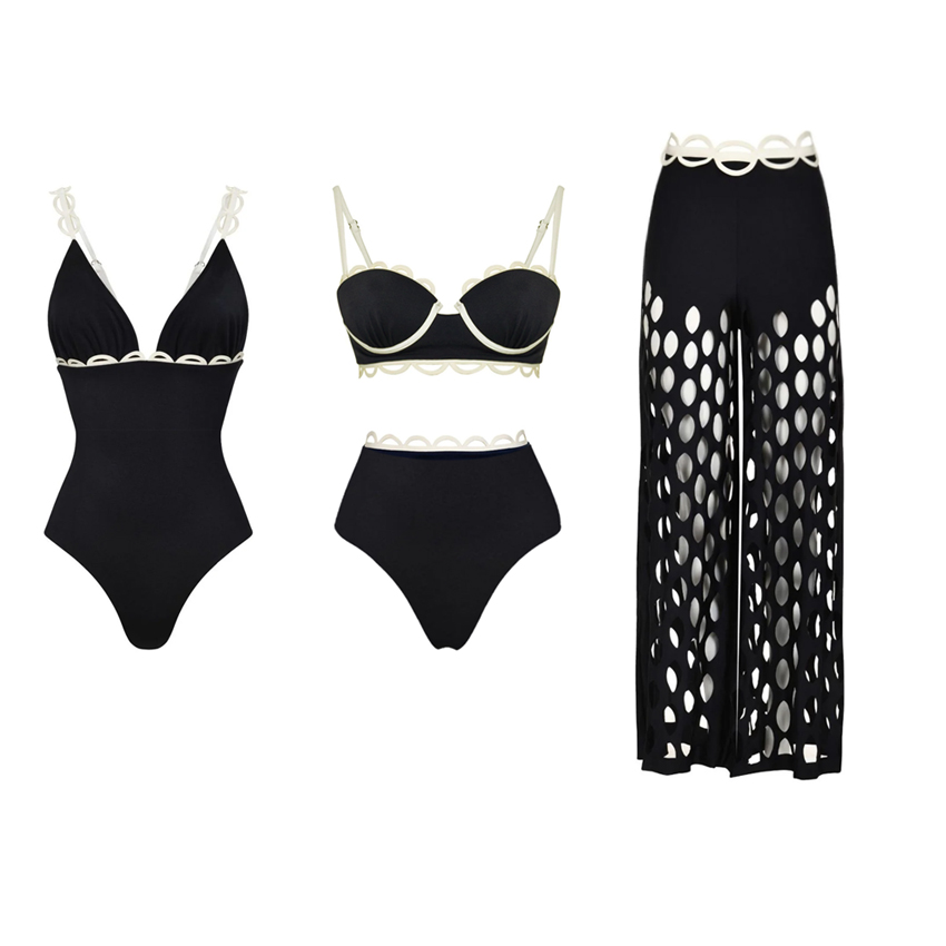 Adjustable Shoulder Straps Black Hollow Swimsuit Set(s)
