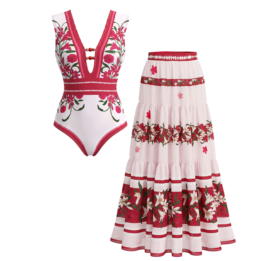 [Copy]V Neck Bead Accents Black Beige And Orange Floral Print Swimsuit Set(s)