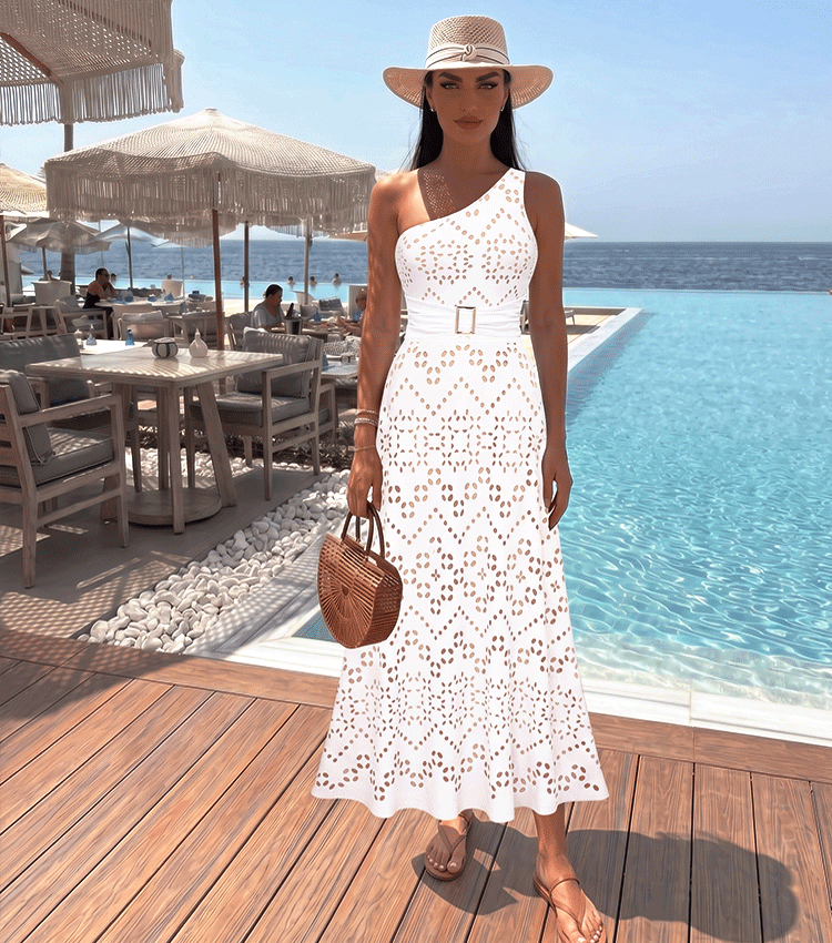 One Shoulder White Laser Cutting Flower Swimsuit Set(s)