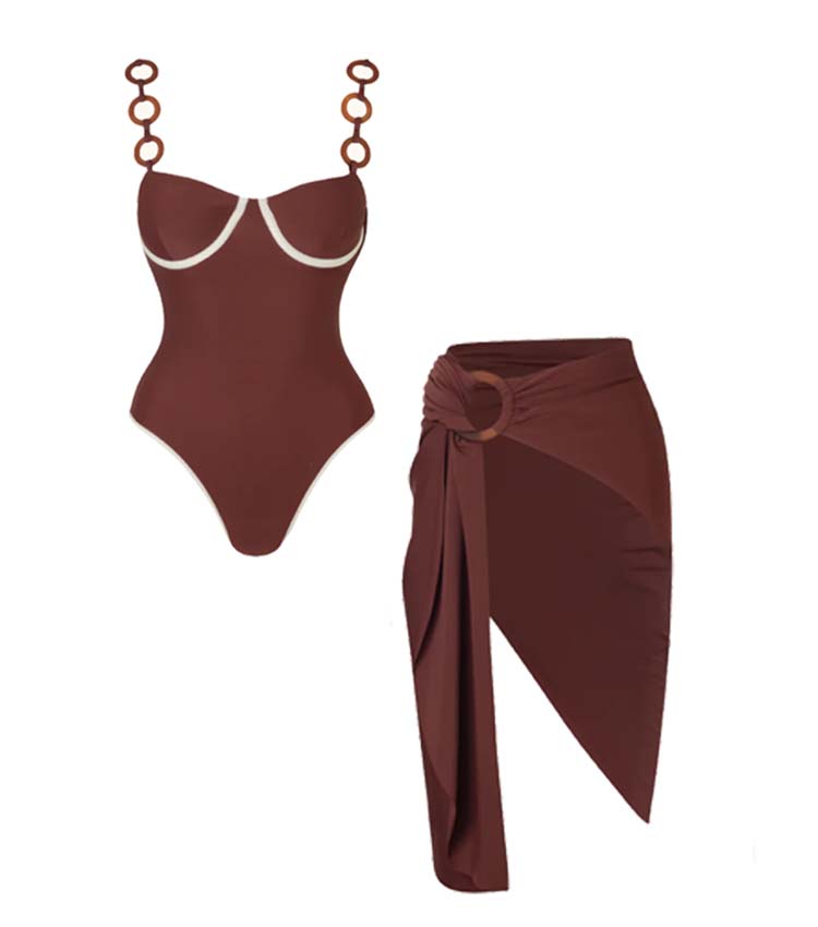 Ring Decoration Brown One Piece Swimsuit and Sarong