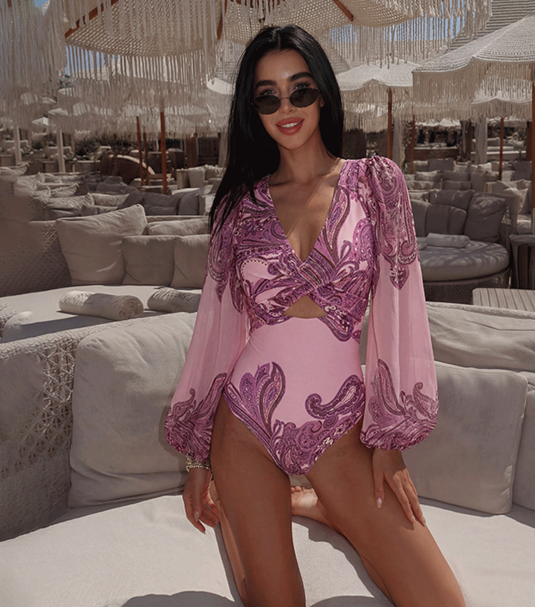 Long Sleeves Cut Out Paisley Print Swimsuit Set(s)