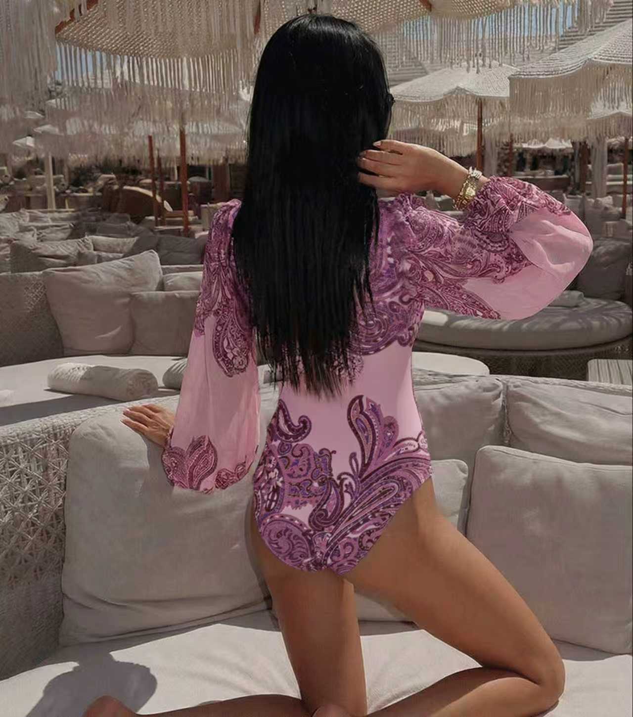 Long Sleeves Cut Out Paisley Print Swimsuit Set(s)