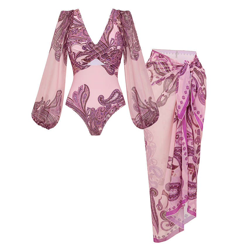 Long Sleeves Cut Out Paisley Print Swimsuit Set(s)