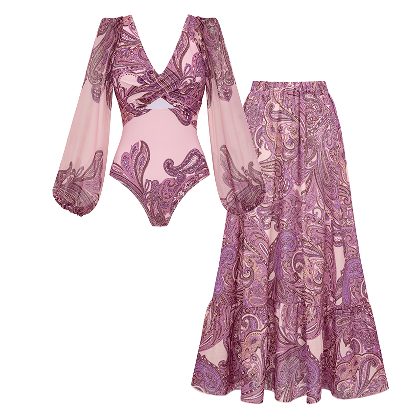 Long Sleeves Cut Out Paisley Print Swimsuit Set(s)