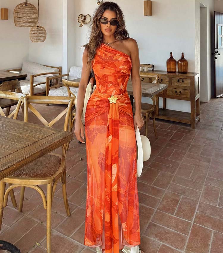 Orange Lily Print One Piece Swimsuit and Sarong (Multiple ways to wear)