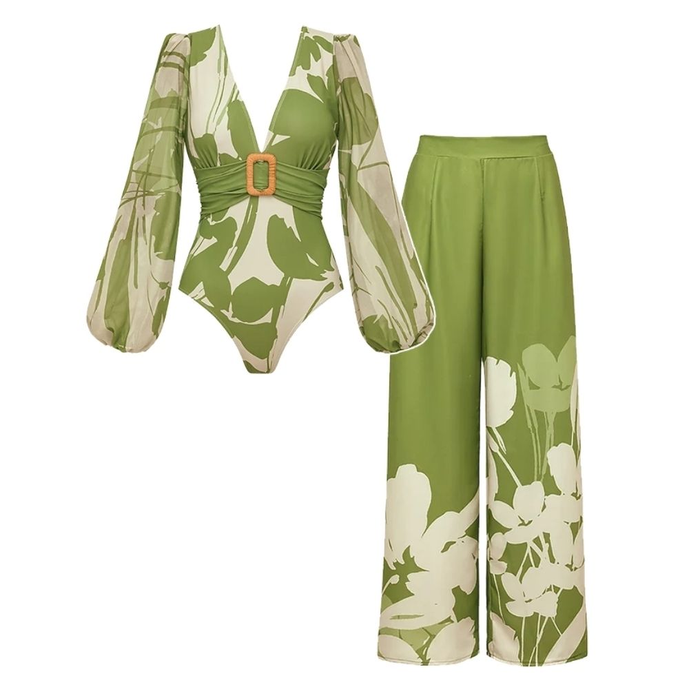 V Neck Long Sleeve Flower Print One Piece Swimsuit and Pants