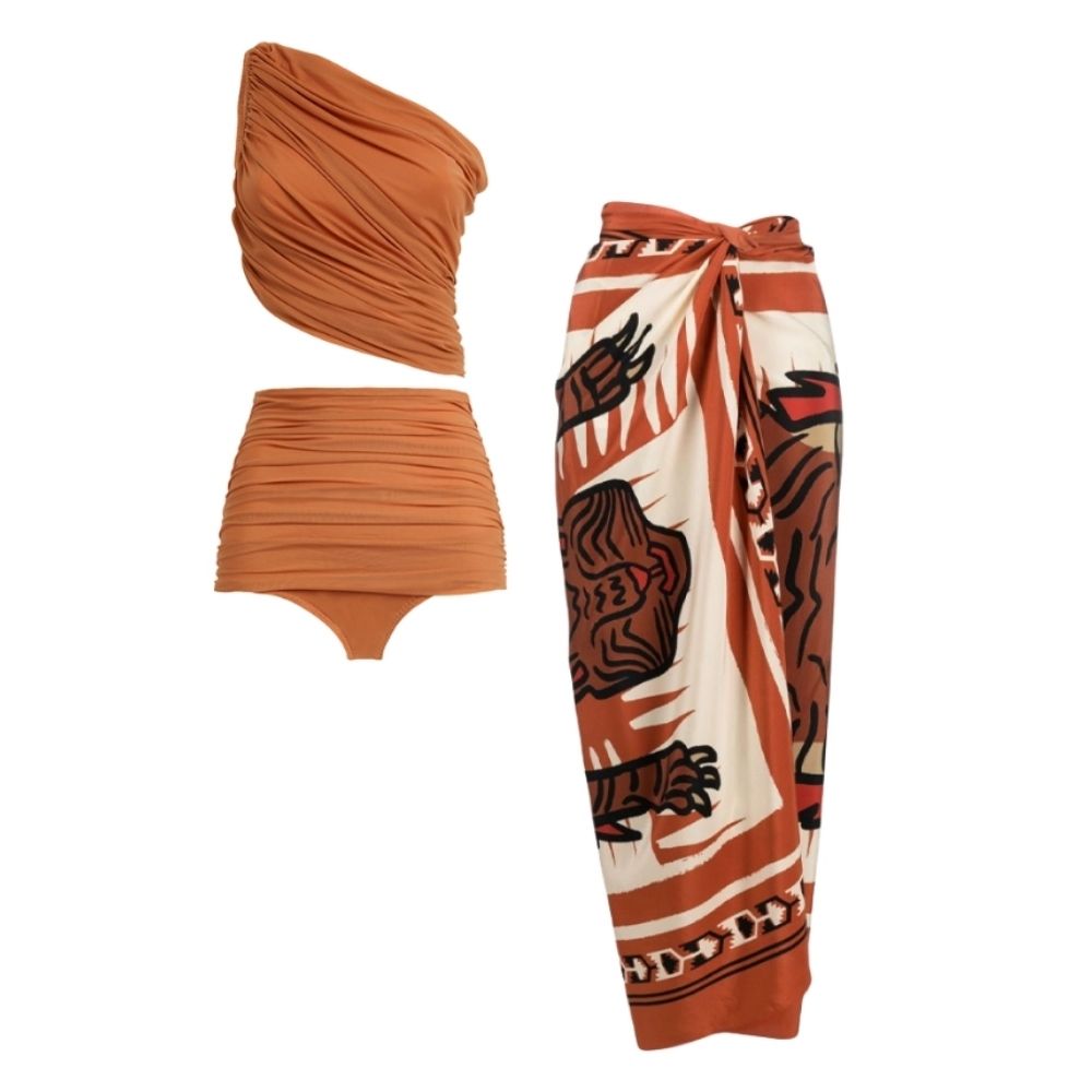 One Shoulder Ruched Rust High Waist Bikini Swimsuit and Sarong Flaxmaker