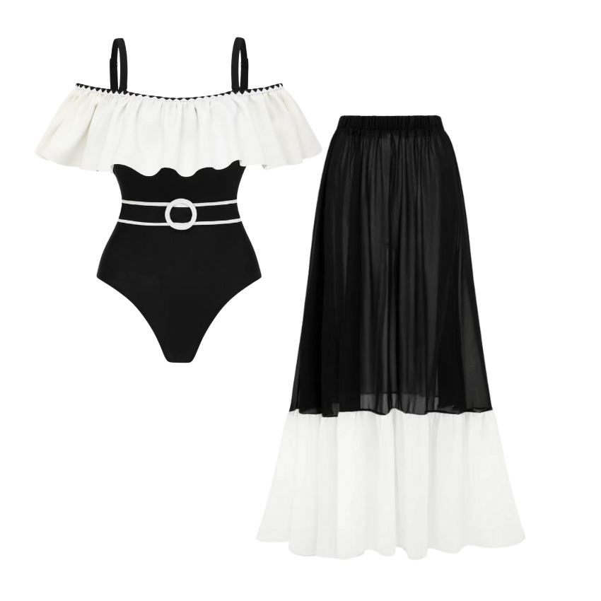 [Copy]Seashell Color Blocking Floral Print Swimsuit Set(s)