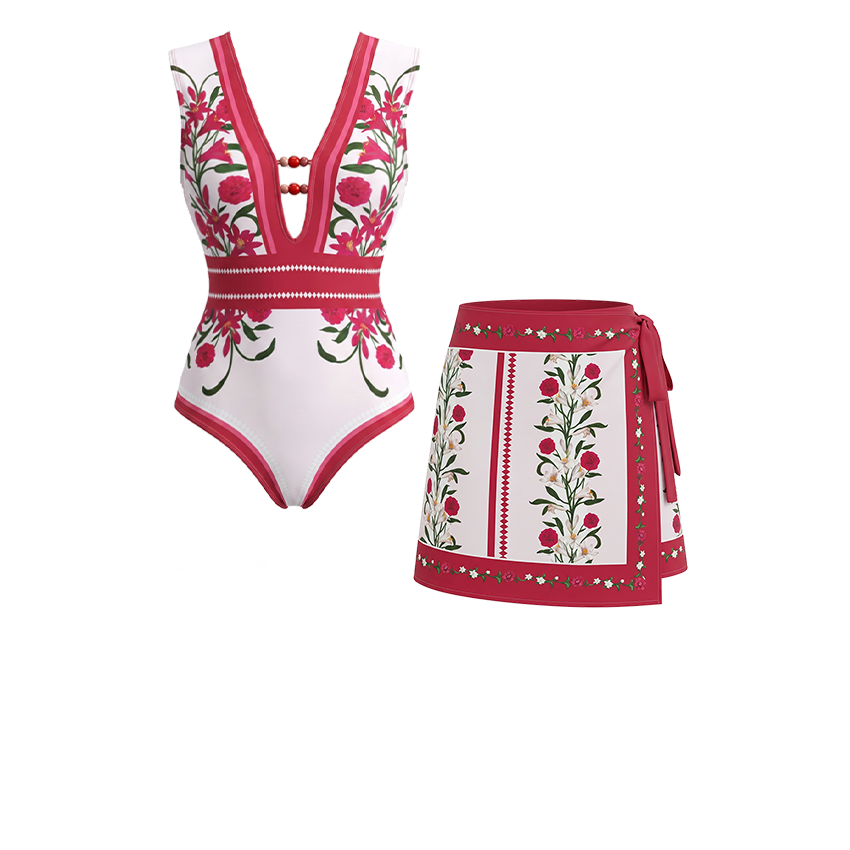 [Copy]V Neck Bead Accents Black Beige And Orange Floral Print Swimsuit Set(s)