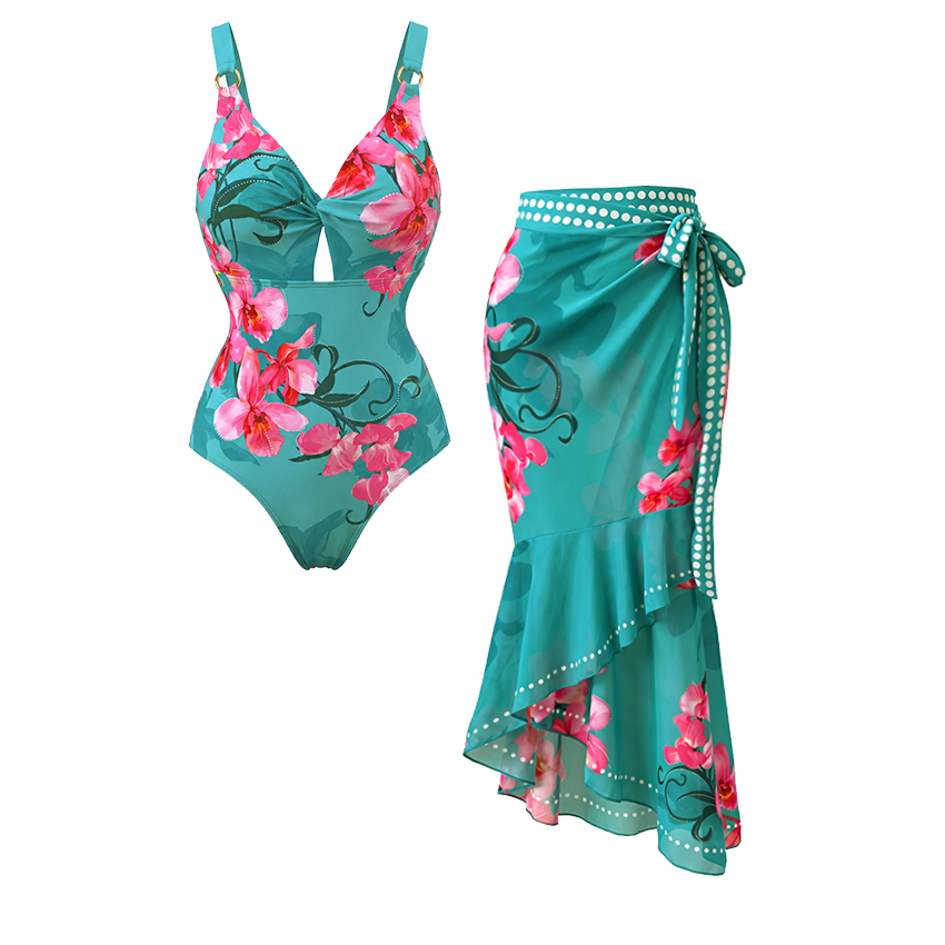 [Copy]V Neck Bead Accents Blue-Pink-Orange Ombre Flower Print Swimsuit Set(s)