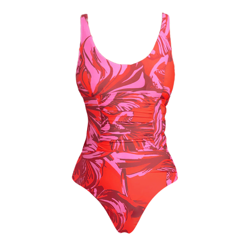 Round Neck Ruched Printed Red Swimsuit Set(s)