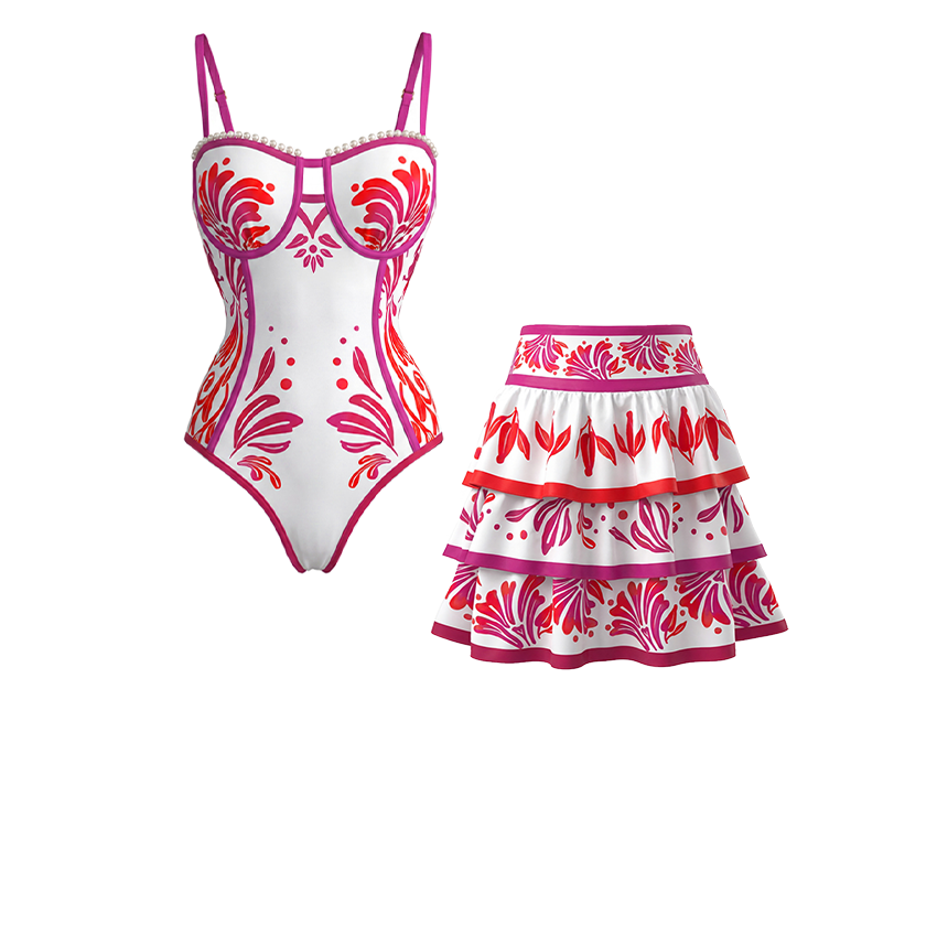 Pearl-Trimmed Fuchsia & Coral Print Corset Bathing SuiSlim & Sculpt Floral Swimsuit Set(s)