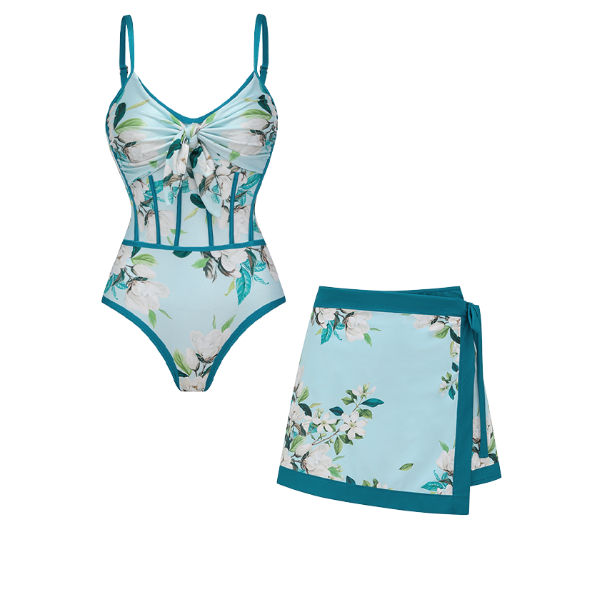 Light Cyan Slim & Sculpt Flower Print Swimsuit Set(s)